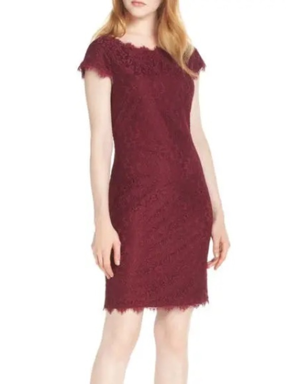 Eliza J Lace Mini Dress Burgundy Cap Sleeve Fitted Sheath 6 Party Cocktail